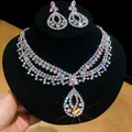 Gedetailleerde weergave van luxe mode zirkoon ketting en oorbellen set met roze stras - 2-delige Set Ketting en Oorbellen (40#) / Zilver-Roze