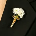 Elegant gold mini vase brooch pin for real flowers shown on a black suit jacket. - Medium KC Gold (07 Med KC Gold 4548)