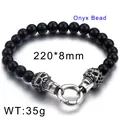 Retro punk black onyx bead bracelet featuring silver skull charms and inlaid black crystals - Diamond-set Bracelet / 220mm x 8mm / Zirconia Inlaid Bracelet (KB81842-BD)