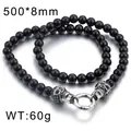 Vintage punk style black obsidian beaded necklace with stainless steel skull charms - Rhinestone Necklace / 500x8mm / Zirconia Inlaid Necklace (KN28516-BD)