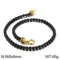 Punk style black agate beaded necklace featuring gold skull charms with black pavé stones - Gold Iced Out Necklace (KN227440-K)