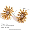 18K gold plated stainless steel sunburst stud earrings with central oval crystal - Oval Rhinestone Firework Stud Earrings - Gold