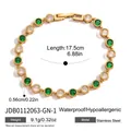 Detail of 18k gold plated stainless steel bracelet with green and white zirconia stones - Round Holder Row Style (JDB0112063-GN-1)