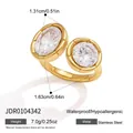 Detailed view of gold plated stainless steel ring with ribbed settings and clear gems - Double Oval Style (JDR0104342)