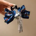 Vintage Chinese style butterfly embroidered hair clip with dangling silver tassels - Hair Claw (Silver-Blue) / Blue