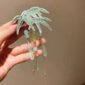 Close-up of Chinese style bamboo embroidery hair clip with green tassel beads - Duckbill Clip (Green-Single) / Green