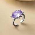 Minimalistischer silberner offener Ring mit lila Stein, eleganter verstellbarer Schmuck - Silber-Lila