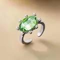 Eleganter, silberfarbener, verstellbarer offener Ring mit einem großen grünen Edelstein-Mittelstück - Silber-Grün
