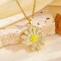 Macro view of sunflower pendant featuring sparkling micro-pave crystals and yellow center. - Gold Yellow Flower Style (T084)