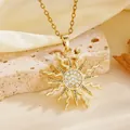 Close-up of elegant gold sunburst pendant necklace with sparkling cubic zirconia center - Gold Octagram Sun Style (T084)
