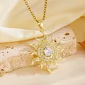 Detailed close-up of a gold sunburst pendant necklace with a sparkling crystal centerpiece - Gold White Rhinestone Sun Style (T084)