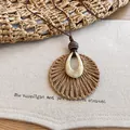 Vintage bohemian style long necklace with resin drop pendant and woven straw circle design - Woven Grass Mat Style (17#) / Coffee