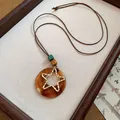 Elegant retro brown resin star pendant necklace long sweater chain jewelry accessory - Star and Square Bead Style (43#) / Gold/Coffee