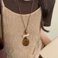 Vintage resin geometric pendant necklace in amber tones, stylish long sweater chain - Three-stage Geometric Resin Style (28#) / Coffee