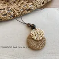 Bohemian retro woven circular pendant long necklace with cream bead cluster detail - Sunflower Decor Woven Grass Style (20#) / Coffee