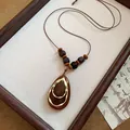 Retro brown resin teardrop pendant necklace with wooden beads and gold accents - Gold Line Teardrop Style (42#) / Gold/Coffee