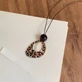 Vintage leopard print resin teardrop pendant necklace with wood bead for women jewelry gift - Leopard Teardrop Metal Loop Style (59#) / Gold/Coffee
