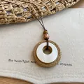 Bohemian retro geometric pendant necklace featuring woven straw and white resin detail - Woven and Shell Ring Style (18#) / Coffee/White
