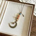 Vintage crescent moon pendant long sweater chain necklace with rustic wooden beads - Hollow Crescent Style (32#) / Coffee