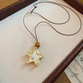 Vintage star-shaped resin pendant necklace with long brown cord for women's sweaters - Marble Pattern Star Style (41#) / Gold/White/Coffee