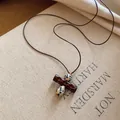 Retro resin necklace with geometric pendant and speckled beads on long dark cord for women - Rhombic Geometric Style (39#) / Coffee