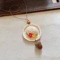 Handmade crochet sun hat necklace with delicate floral detail and autumn acorn charm - Crochet Hat and Acorn Style (68#) / Coffee/White