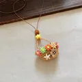 Handmade boho necklace with mini woven basket pendant and colorful crochet flowers - Crochet Flower Basket Starfish Style (70#) / Coffee/Multicolor
