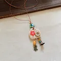 Handmade crochet flower and starfish pendant vintage long sweater necklace for women's jewelry - Crochet Base Fabric Flower Style (67#) / Coffee/Green/Pink