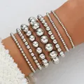 Juego de pulseras de cuentas CCB plateadas multicapa para mujer con varios tamaños de cuenta - Perla multicapa / Juego de 7 piezas / Plateado