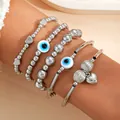 Juego de pulseras de cuentas CCB plateadas con dijes de corazón y motivos de ojo turco - Estilo colgante de corazón de ojo malvado / Set de 5 piezas / Plateado