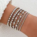 Conjunto de pulseras elásticas multicapa de cuentas CCB plateadas con tamaños de cuentas mixtos - Estilo de Pilas de Cuentas Redondas Multicapa / Juego de 6 piezas / Plateado