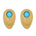 Vintage gold pleated fan earrings featuring an inlaid blue turquoise style stone - 13 Gold