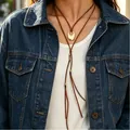 Vintage Western style brown leather cord necklace featuring a gold oval pendant - U-shaped Pendant Style (A-935) / 04 KC Gold-tone & Coffee