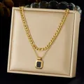 Collana a doppio strato placcata in oro con un pendente rettangolare nero geometrico - Stile Smalto Nero Rettangolare con Catena Curb a Doppio Strato (N3930) / Oro