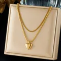 Elegante collana a doppio strato placcata in oro con ciondolo a cuore minimalista - Stile Ciondolo a Cuore con Catena Veneziana a Doppio Strato (N4251) / Oro