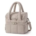 Detalle de una bolsa de almuerzo térmica beige de doble capa con patrón acolchado y cremalleras. - 25.4*17.78*25.4CM / Camel