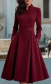 Detail view of a burgundy long-sleeved dress with button and pocket design elements. - XS / Dresses / Burgundy