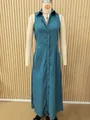 Full view of a teal sleeveless button-down shirt dress with lapel collar on a dress form - 3XL / Dresses / Malachite green
