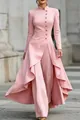 Elegant French style high neck buttoned pink pant suit with cascading ruffle hem - S / Top And Bottom / Pink