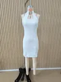 Elegant white bodycon dress featuring a high collar and halter neck design on mannequin. - S / Dresses / White