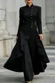 Full view of elegant black French-style high-neck pantsuit with decorative gold buttons - S / Top And Bottom / Black
