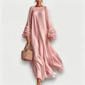 Detail of tiered ruffle sleeves on a dusty pink maxi dress for a feminine look. - XS / Dresses / Pink