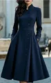Elegant navy blue midi dress featuring decorative buttons and a stylish waist belt. - XS / Dresses / Navy Blue