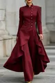 Close-up of elegant high collar and decorative gold buttons on a burgundy garment set - S / Top And Bottom / Burgundy