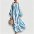 Detail showing tiered ruffle sleeves on a light blue round neck loose maxi dress for women - XS / Dresses / Light Blue