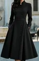 Elegant black midi dress with buttons and belt, detailed A-line silhouette - XS / Dresses / Black