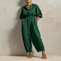 Full-length emerald green belted jumpsuit with button-down V-neck for women - XS / Top And Bottom / Dark Green