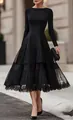Robe midi noire élégante style Hepburn français avec empiècements en dentelle résille - S / Robes / Noir