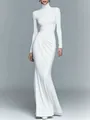 Full length view of elegant white high-neck long-sleeve ruched waist formal maxi dress - XS / Dresses / White