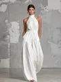 Elegant white halter neck backless wide-leg jumpsuit with floor-length silhouette - XS / White